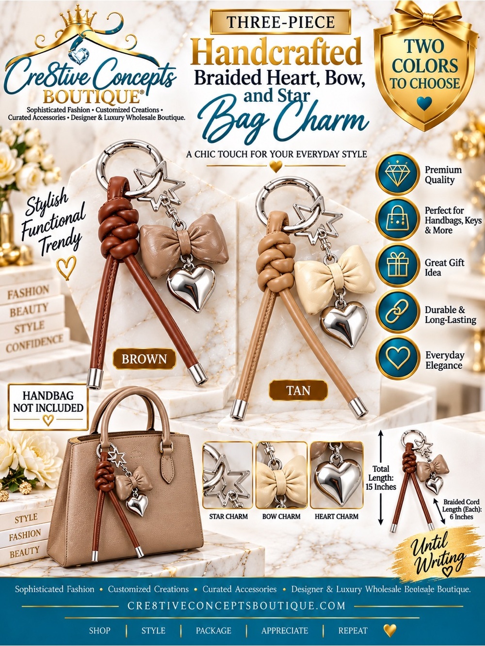 3-Piece Handcrafted Braided Heart, Bow & Star Bag Charm Keychain-Tan